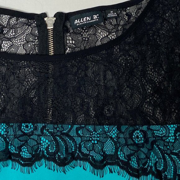 Allen B Allen Schwartz Sheer Lace Bodice Cap Sleeve Back Zip Top Turquoise Black - Picture 10 of 11